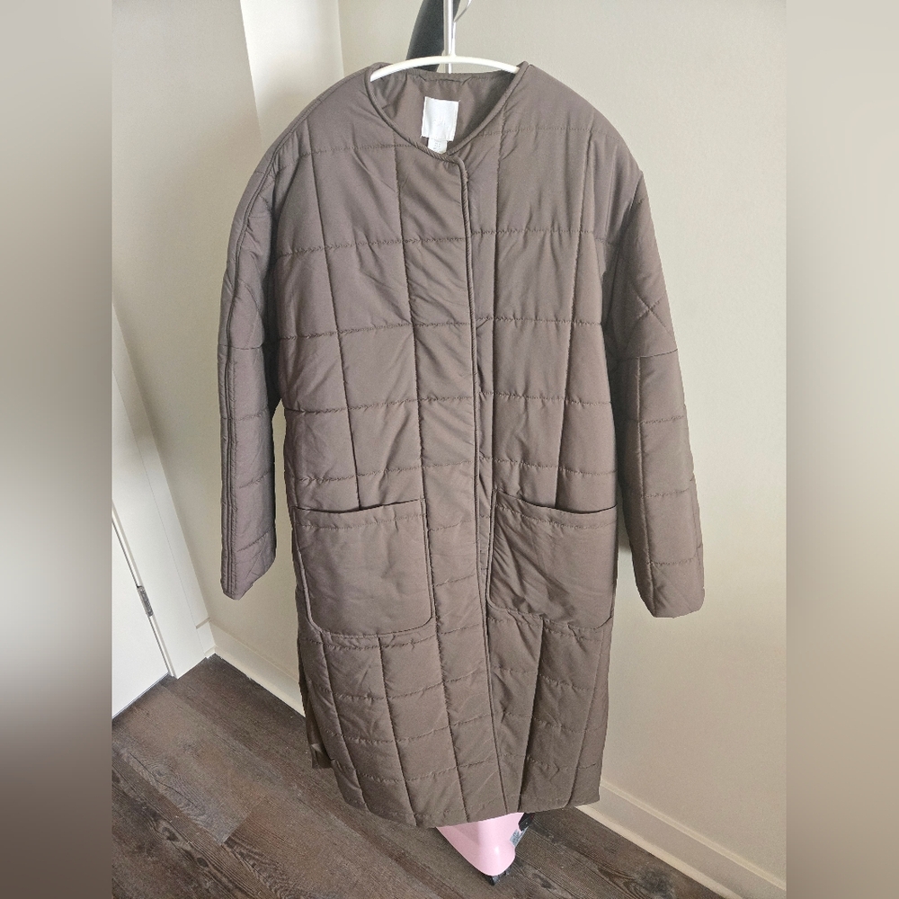 H&M Quilted Puffer Coat Jacket with Belt Size S Khaki Brown